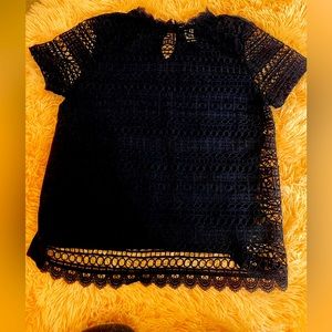 H&M Navy Short Sleeve Blouse Knit Crochet